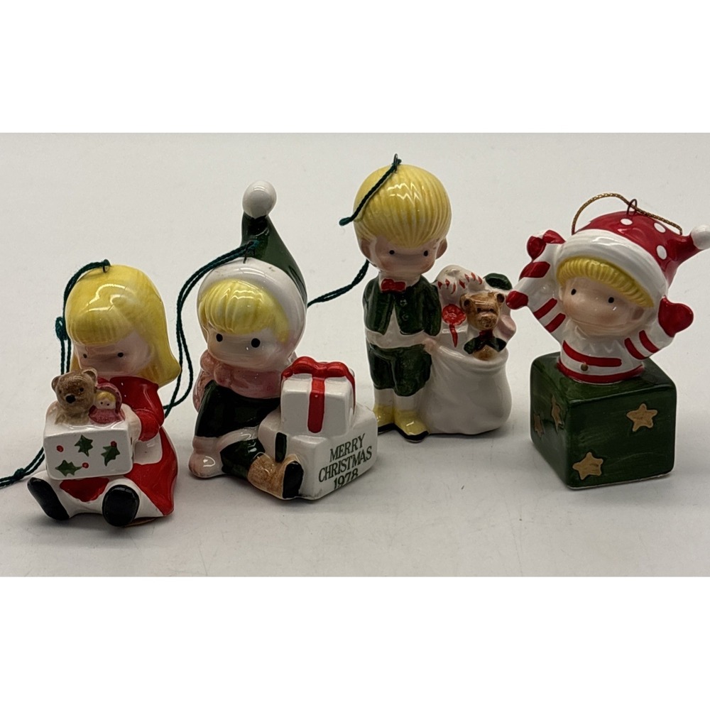 4-Joan Walsh Anglund ornament Ceramic christmas Figures presents toys Vintage
